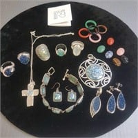 Group sterling jewelry set with Roman glass,