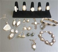 Group sterling jewelry set with mother of pearl,