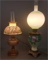 2 oil lamps w/ shades- one electrified