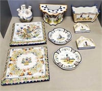 9 pieces of French Quimper pottery including wall