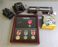 Group binoculars, some military medals, golf