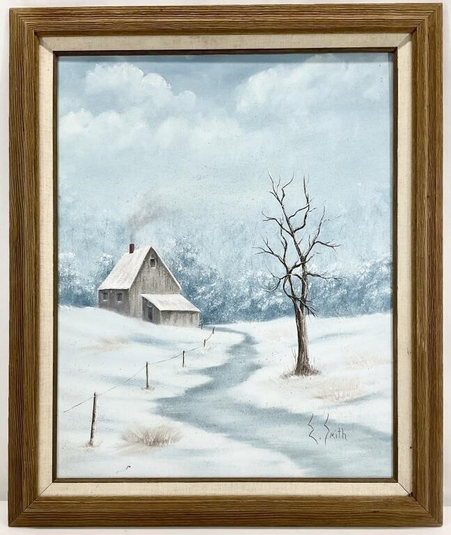 Rustic Winter Cabin Scene Painting