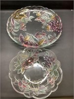 2 glass servers hand painted fruit 9.5"&14”