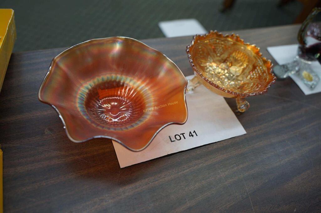2-Carnival glass bowls-marigold-grape & lotus