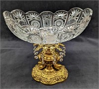Vintage Oval Glass Bowl On Gold Metal Base (F64)