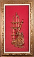 Framed Mid Century Wood Carved Boat With Red Velve