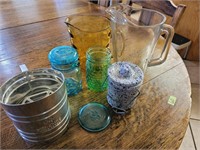 (2) Glass Pitchers, Sifter, Small Crock & more