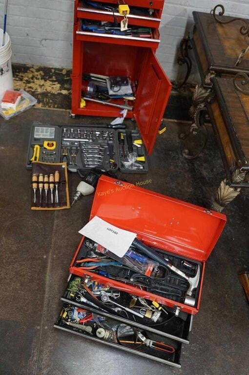 red metal toolbox, 2-pcs. cabinet with misc. tools