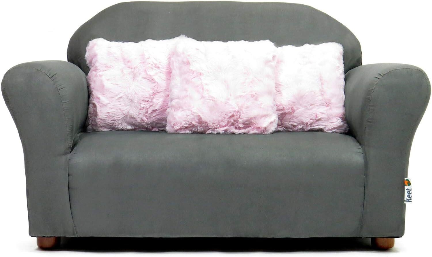 Keet Plush Kids Sofa  Charcoal/Pink w/ Pillows