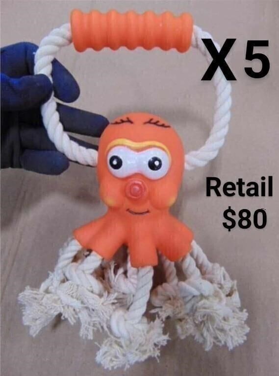 Lot of 5 Pet Rope Squeak Toy Octopus Retail $80