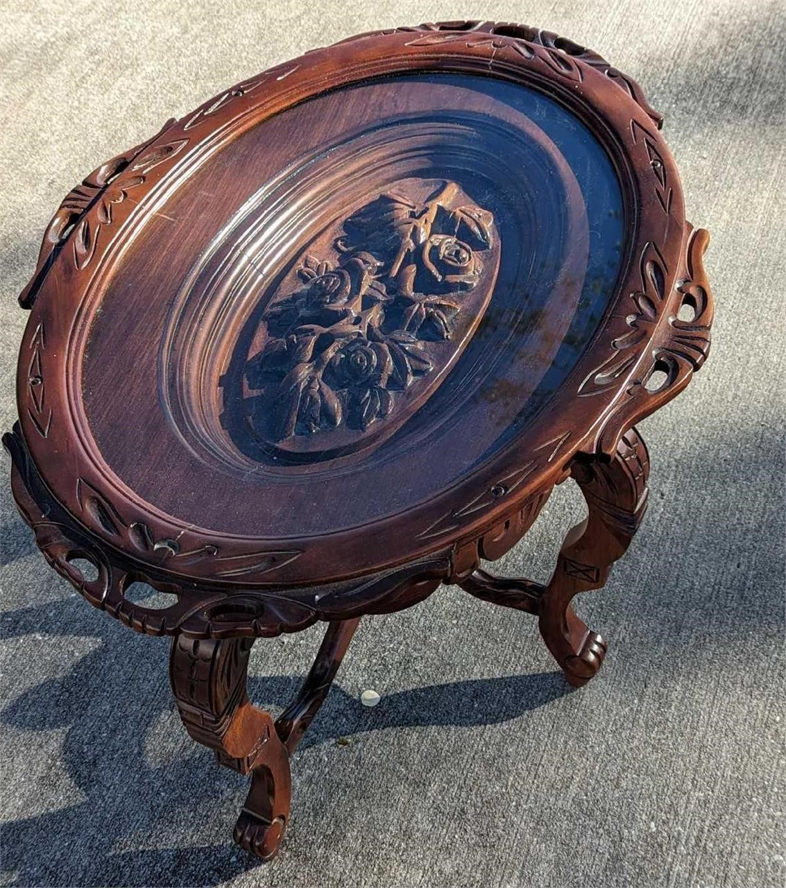 Vintage Carved Wooden Table With Glass Removable T