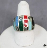 Sz 7 Sterling Ring w/Inlaid Stones