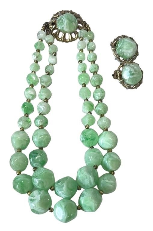 1960s Chunky Bead Necklace & Clip Earrings