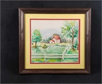 Original Watercolor Home Within Fence Landscape Al