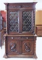 Stained Lead Glass French Hunt Oak Bookcase.