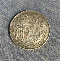 1951 Canada 50 Cents Silver Coin-Wide Date-