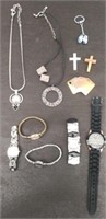 Box 5 Watches, 2 Necklaces, Earrings, Brooch, Misc
