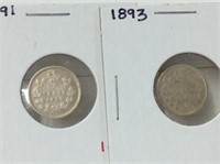 1891,1893 Canadian Silver 5 cent