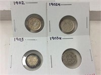 1902,02h,03,03h Canadian Silver 5 cent