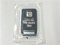 T D Bank 1 Oz Fine 999 Silver Bar