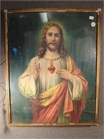 Sacred Heart of Jesus Framed Photo Antique 17" x