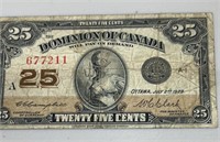 1923 Canadian 25 cent bill campbell/clark (f)
