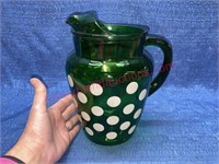 Vtg. Green white polka dot pitcher