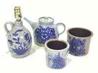 4 Pieces of Blue Decorated Stoneware Pottery