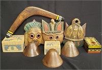 Box of carved wood items - masks, boxes, boomerang