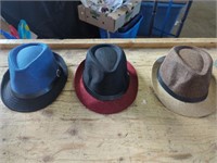 3 Different Coloured Fedoras, Blue, Red, & Brown