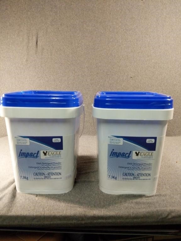 Two sealed containers of dish detergent powder
