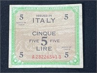 1943-A ALLIED MILITARY CURRENCY 5 LIRE NOTE