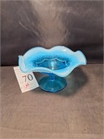 Blue Opalescent Ruffled Edge Compote