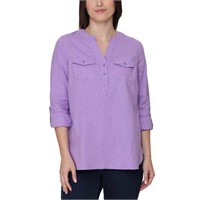 Tahari Women's MD Roll Sleeve Henley Shirt, Purple