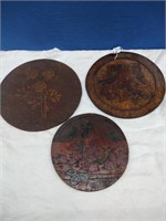 Three Wood Pyrography Carved Wall Hangings