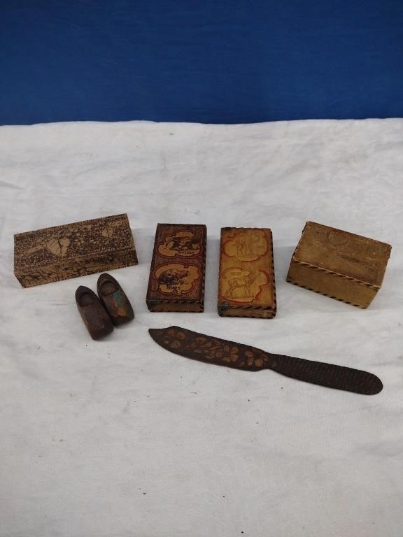 Pyrography Boxes, Wood Knife, & Wood Shoes x6