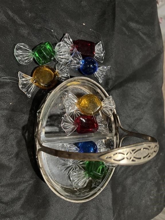 Vintage silver Christmas candy dish With glass