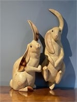 Pair Leo Koppy Carved Wooden Rabbit Sculptures