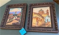 2 Water Color Mexican Scene w/ornate frames art