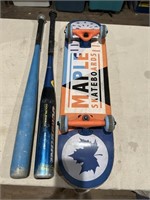 Aluminum baseball, bats, and skateboard
