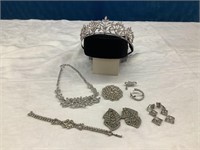 Vintage Rhinestone Tiara Necklace Bracelet Pins