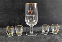 Vintage Gold-Rim Stemmed Beer Glass & 4 Shot Glass