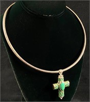 Imitation Turquoise & Silver Toned Cross Necklace