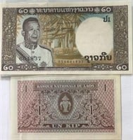 Laos 1&20 Kip World Paper Money