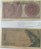 Indonesia 5 Sen 1 Rupiah World Paper Money