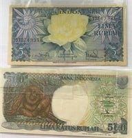 Indonesia 500 & 5 Rupiah World Paper Money