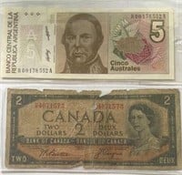 Argentina 5 Australes & Canada 2 Dollars