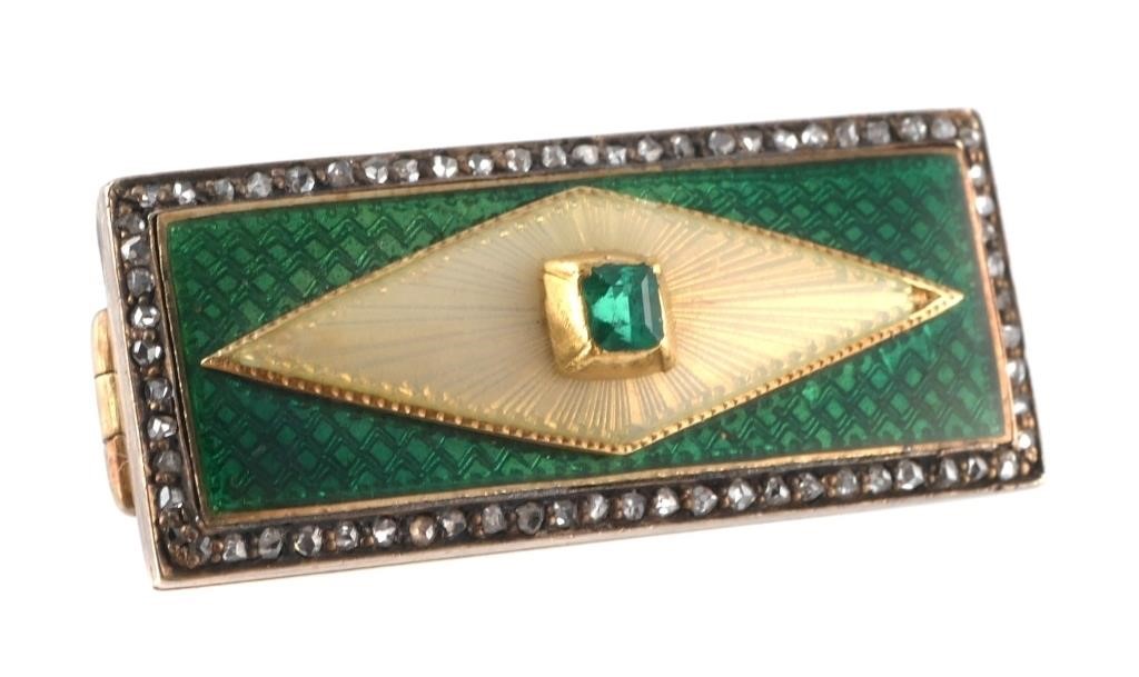 14k Gold Art Deco Guilloche Pin, Emerald