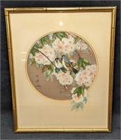 Framed Original John Cheng Watercolor On Silk Bird