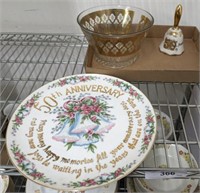 GOLD TRIM BOWL, BELL AND ANNIVERSARY PLATE